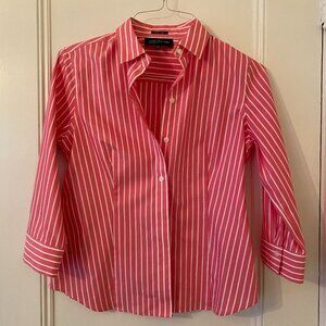 Jones New York Signature pink and white striped blouse with 3/4  sleeves.